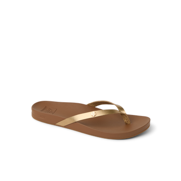 Vista Ivy women's sandal facing right, gold straps with anatomical arch support and soft cushioning for beach comfort.