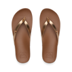 Vista Ivy women's flip flops top view, bronze straps, cushioned footbed with anatomical arch support for beach comfort.