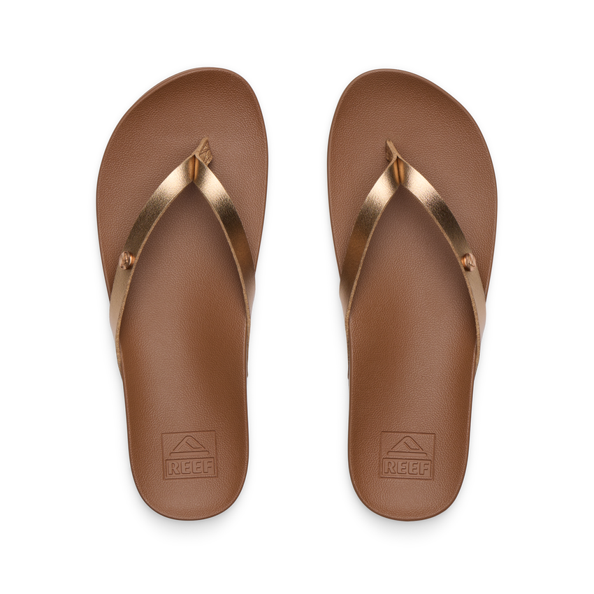 Vista Ivy women's flip flops top view, bronze straps, cushioned footbed with anatomical arch support for beach comfort.