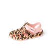 G Totally Beachin toddler sandal facing right, leopard print with pink adjustable strap, water-friendly and comfort-focused design.