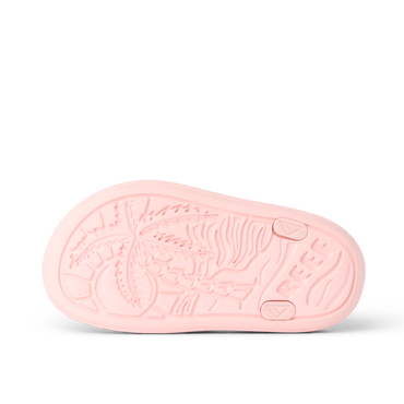 G Totally Beachin pink sandal outsole showing palm tree tread design, water-friendly comfort, and surf-inspired durability.
