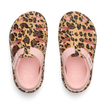 Top view of G Totally Beachin sandals with adjustable velcro strap, leopard print, pink cushioned footbed, water-friendly comfort.