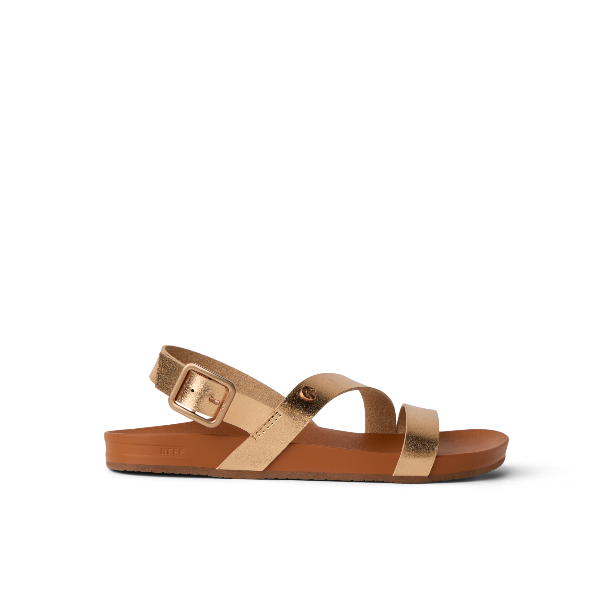 Vista Isabella women's sandal facing right, bronze straps with buckle, beach-inspired comfort and arch support design.