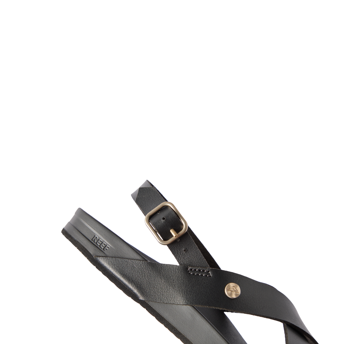 Vista Malia black women's sandal facing left, close-up on cushioned arch support and adjustable strap buckle