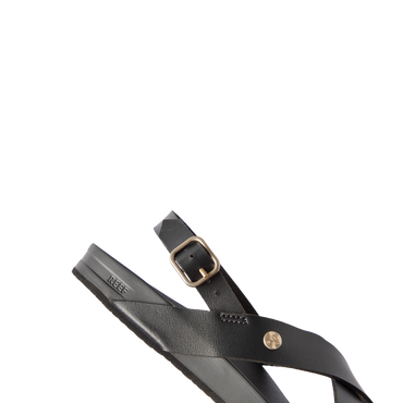 Vista Malia black women's sandal facing left, close-up on cushioned arch support and adjustable strap buckle