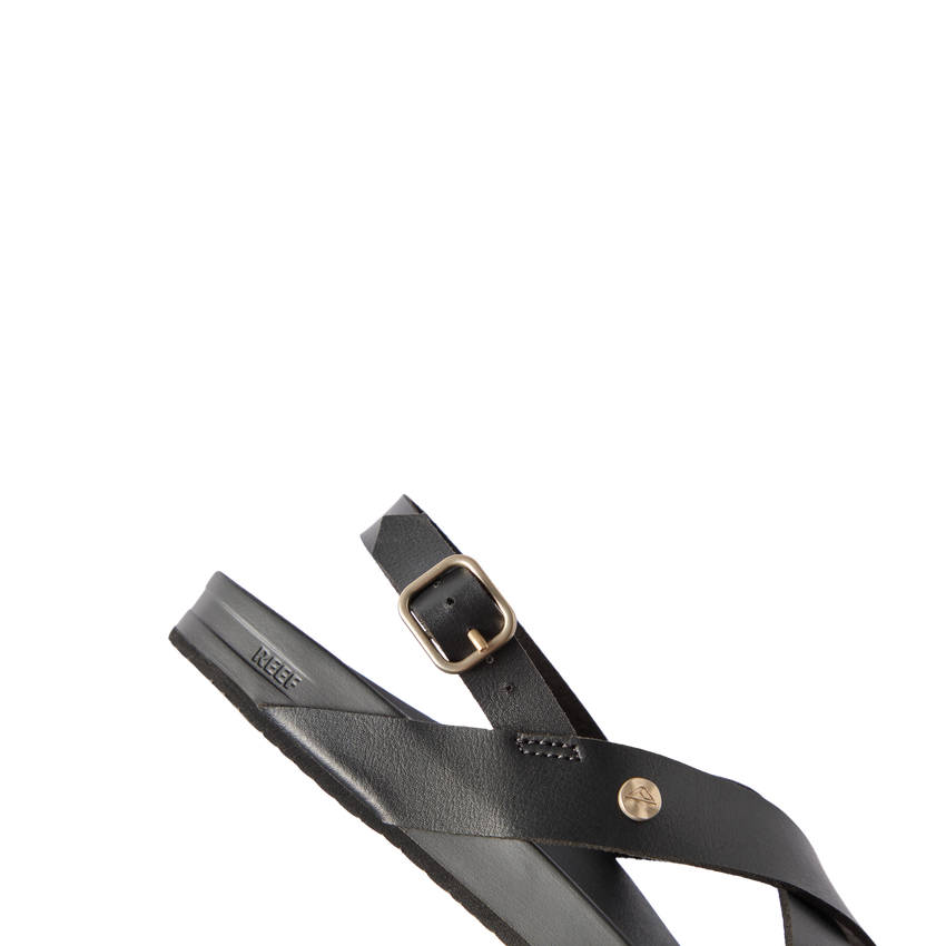 Vista Malia black women's sandal facing left, close-up on cushioned arch support and adjustable strap buckle
