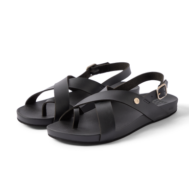 Vista Malia women's black sandals facing right, close-up front side view, with cushioned arch support and adjustable strap.