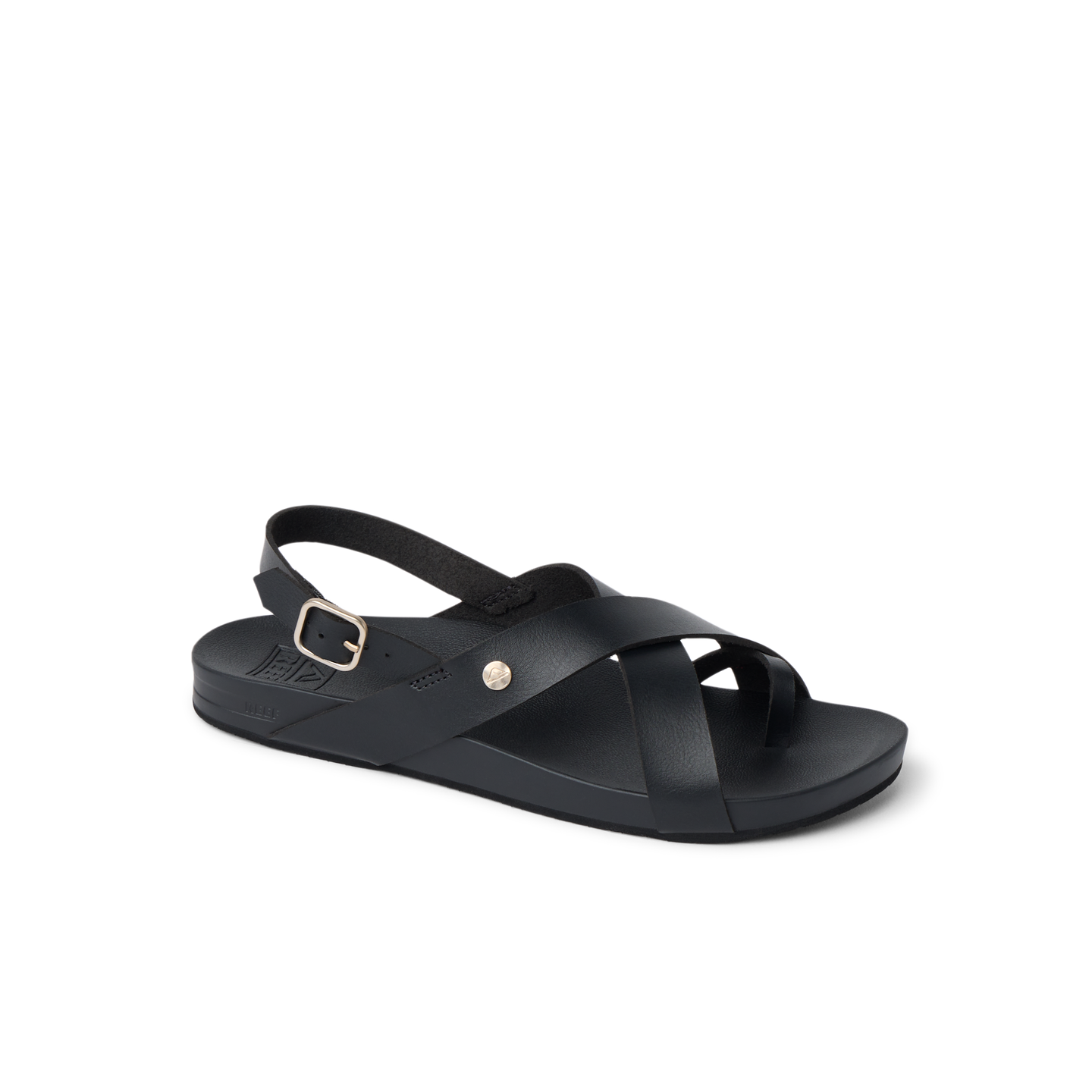 Vista Malia women's black sandal facing right with adjustable ankle strap, anatomical arch support, and cushioned footbed.