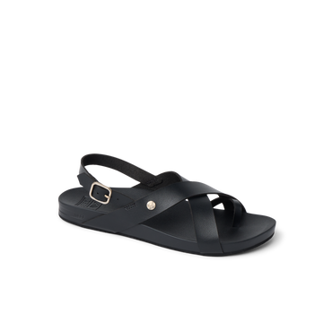 Vista Malia women's black sandal facing right with adjustable ankle strap, anatomical arch support, and cushioned footbed.