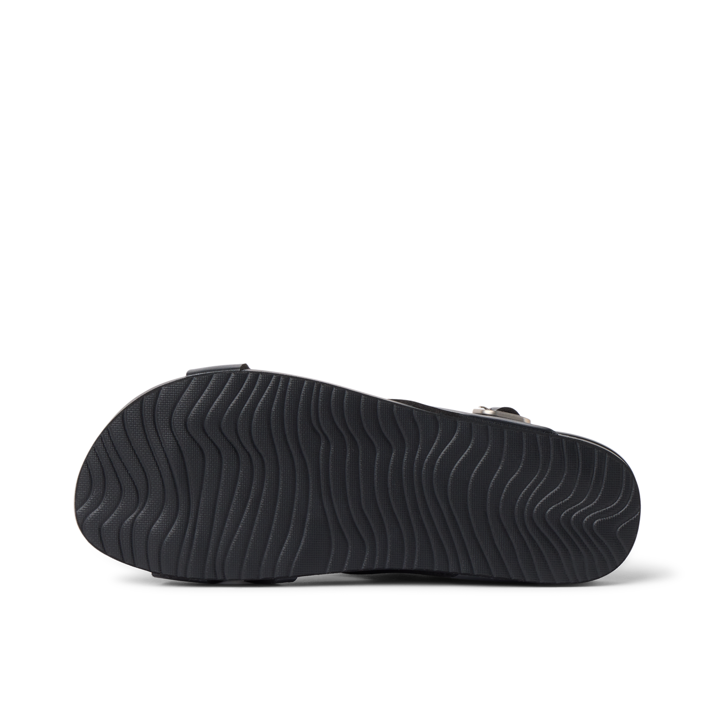 Vista Malia black sandal outsole facing up, showing textured, water-friendly sole with cushioned arch support
