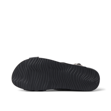 Vista Malia black sandal outsole facing up, showing textured, water-friendly sole with cushioned arch support