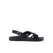 Vista Malia women’s black sandal facing right, showing side straps with buckle and cushioned arch support for comfort.