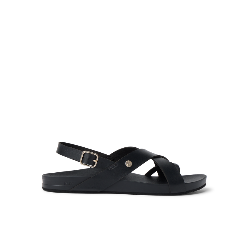 Vista Malia women’s black sandal facing right, showing side straps with buckle and cushioned arch support for comfort.