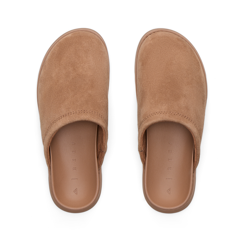 Vista Luxe Mariana women's slip-on shoes facing upward, soft brown with cushioned footbeds for beach-inspired comfort.