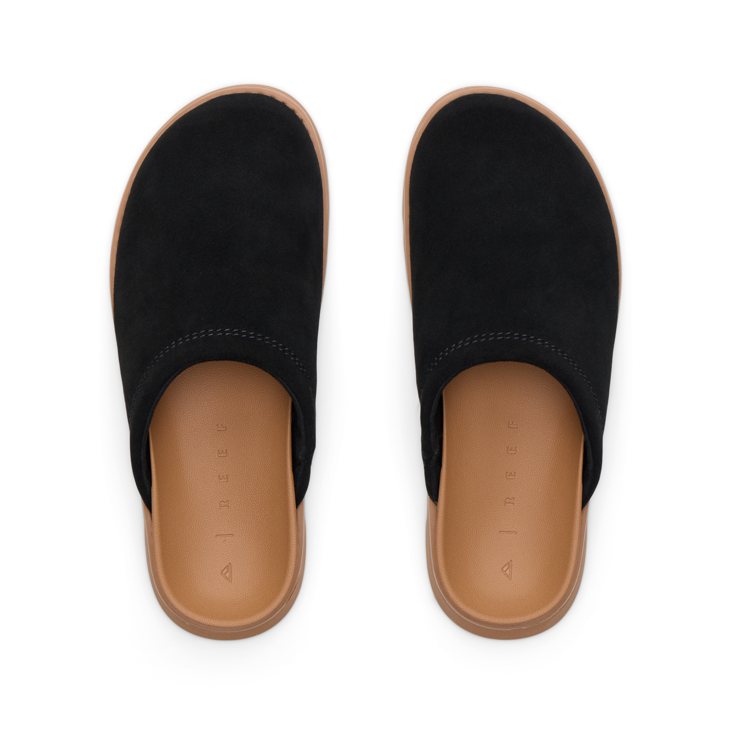 Top view of black Vista Luxe Mariana women’s slides with anatomical arch support and soft cushioning for beach comfort