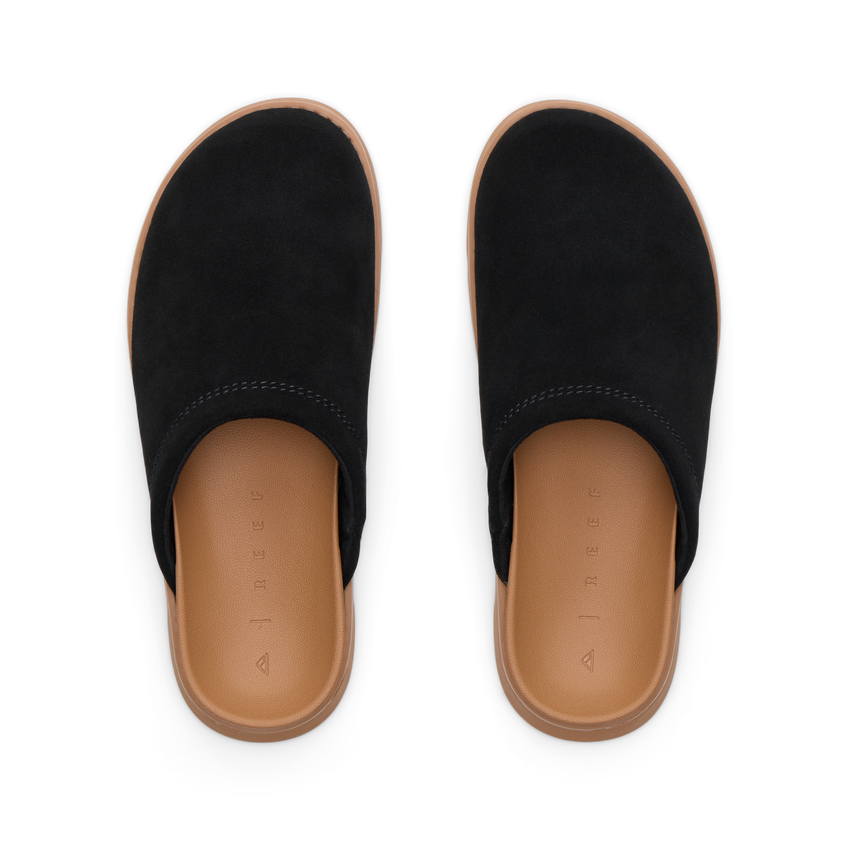 Top view of black Vista Luxe Mariana women’s slides with anatomical arch support and soft cushioning for beach comfort
