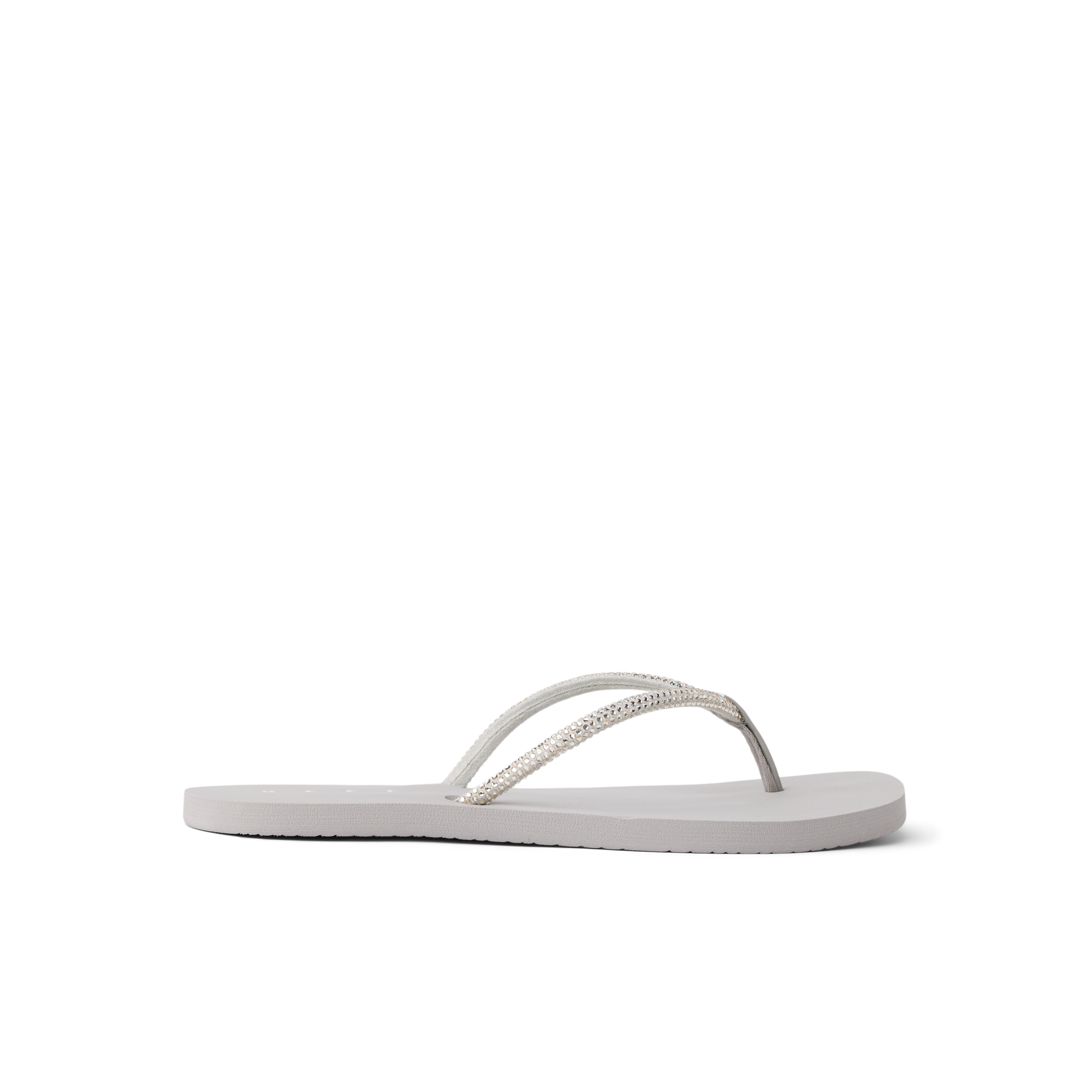 Bliss Bling Fling women's silver sandals facing left, close-up side view, beach-inspired comfort design with arch support.