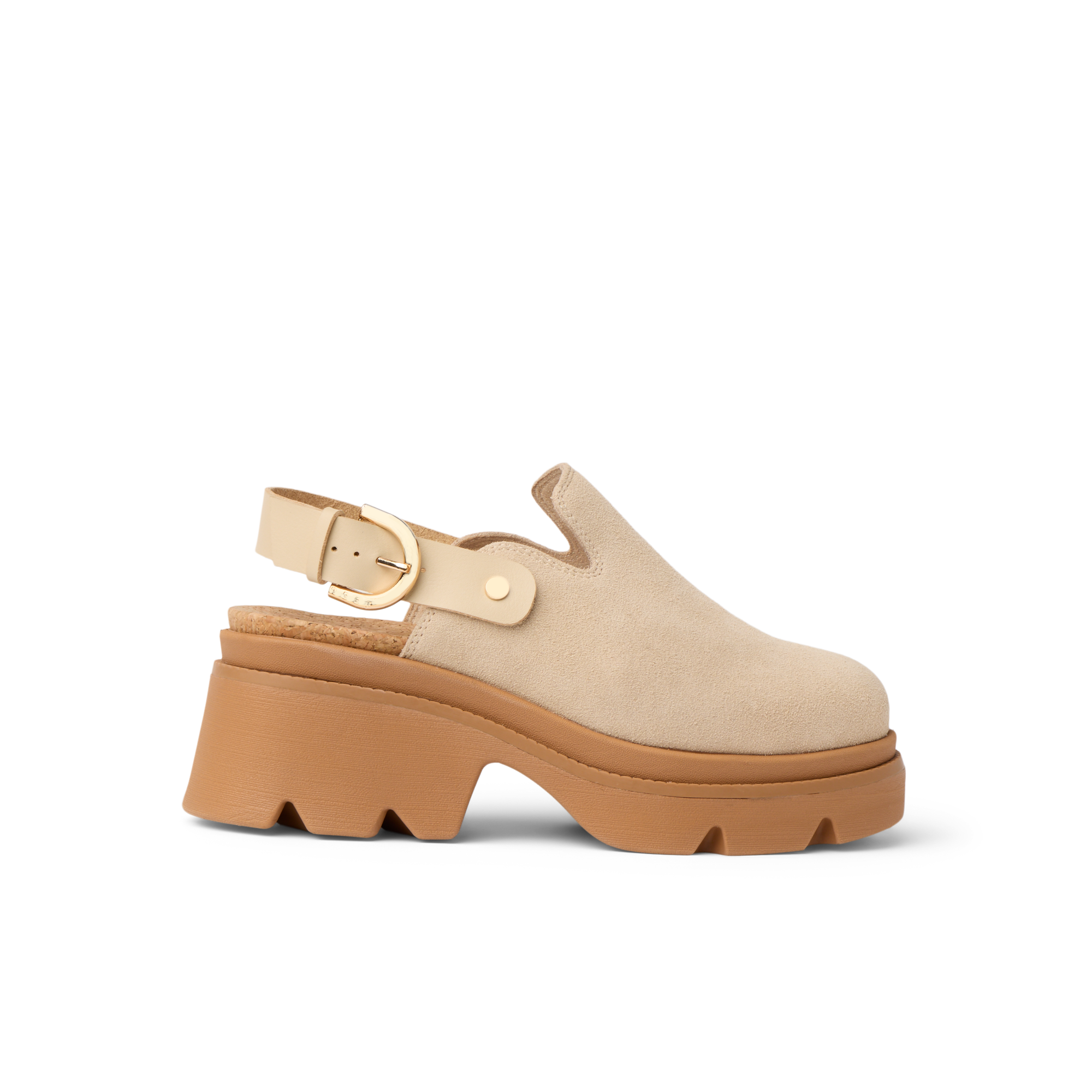Vista Luxe Solene facing right, close-up of platform clog with suede upper, buckle strap, and structured support heel.
