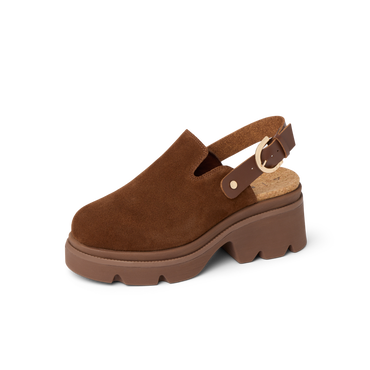 Vista Luxe Solene brown suede clog facing left with platform sole, adjustable buckle, and structured arch support heel close-up.