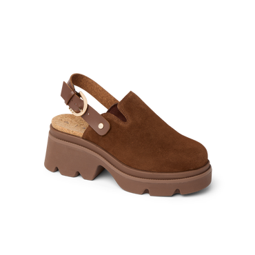 Vista Luxe Solene brown suede platform clog facing left, close-up of side with adjustable buckle strap and arch support.