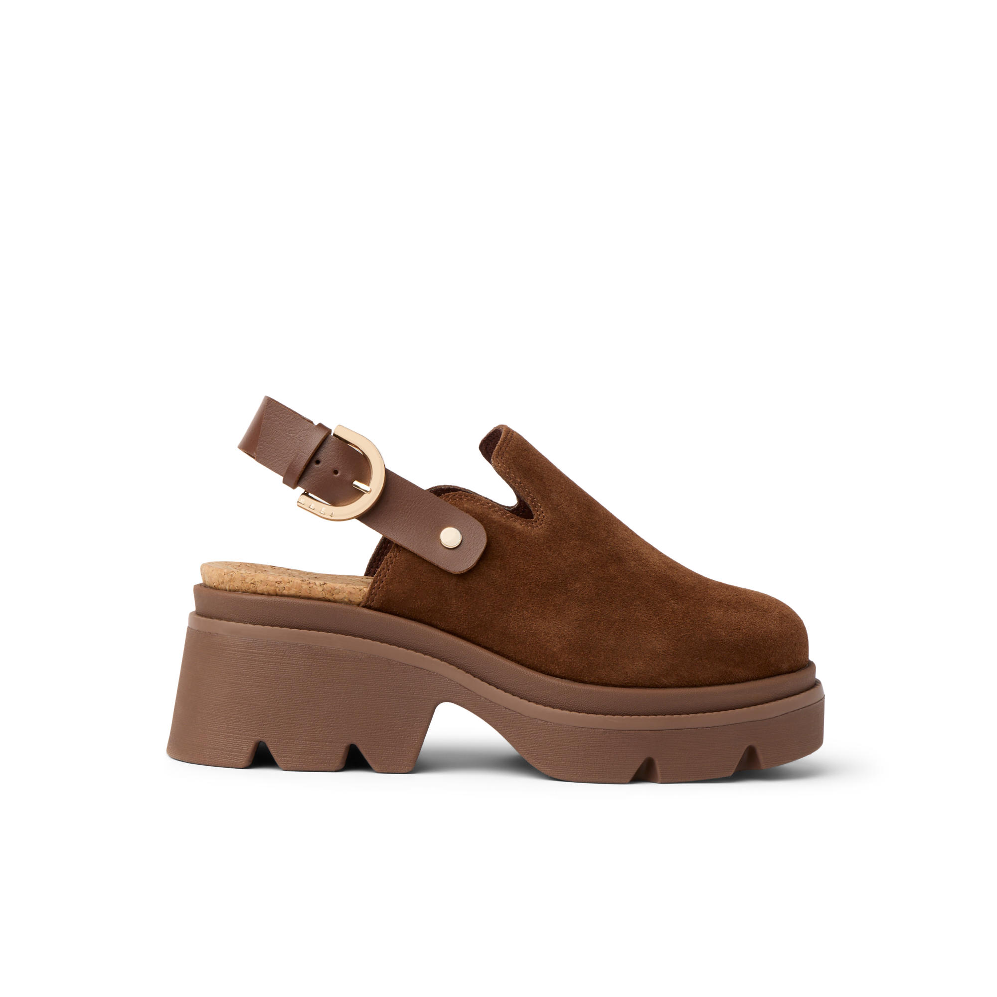 Vista Luxe Solene women's brown suede platform clog facing left, showing adjustable buckle strap and cushioned sole.