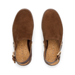Top-down view of brown suede Vista Luxe Solene clogs facing upward, featuring adjustable buckle straps and cushioned footbeds.