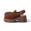 Vista Luxe Solene clog facing right, close-up of brown suede upper, platform sole, and adjustable buckle strap, beach-inspired comfort.