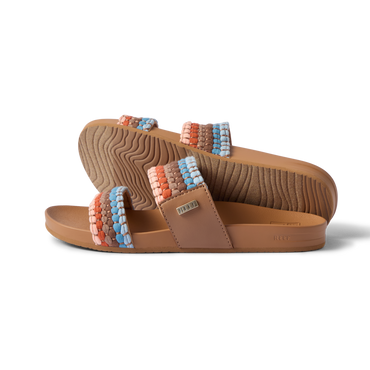 Pair of Cushion Vista sandals facing right showing woven straps and contoured footbed with arch support, beach-inspired comfort.