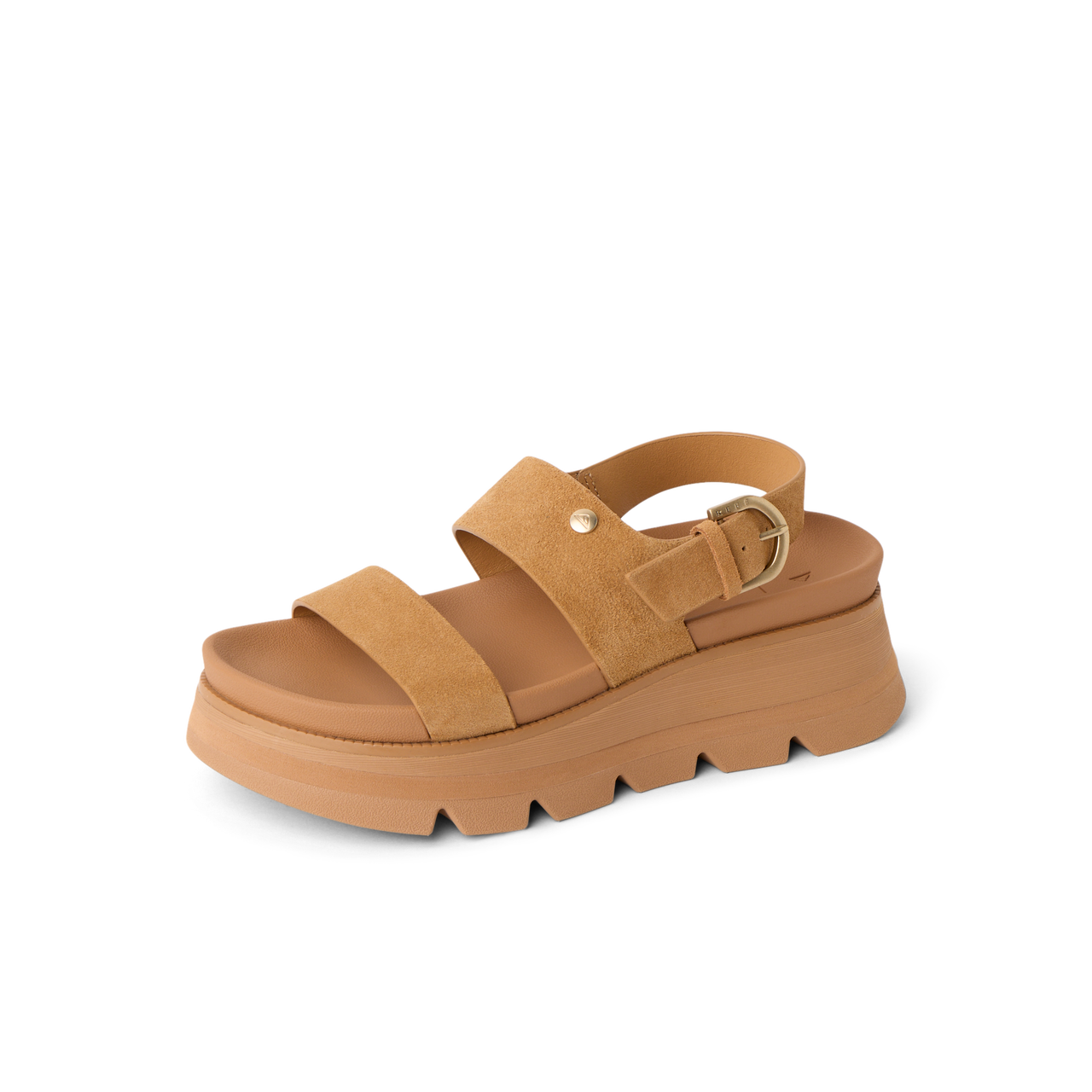 Vista Luxe Liah facing right, women's tan suede platform sandal with adjustable back strap and cushioned arch support