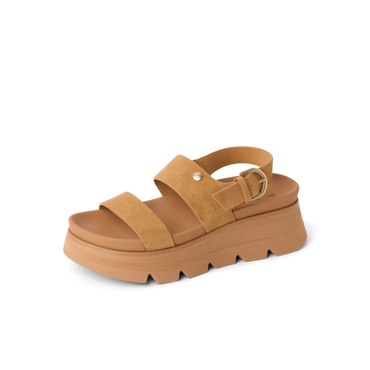Vista Luxe Liah facing right, women's tan suede platform sandal with adjustable back strap and cushioned arch support