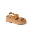 Vista Luxe Liah facing right, women's tan suede platform sandal with adjustable back strap and cushioned arch support for all-day comfort