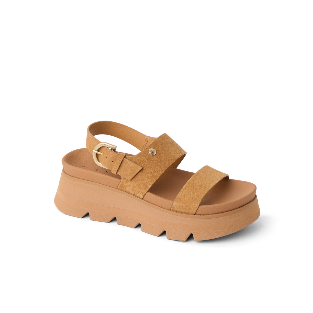 Vista Luxe Liah facing right, women's tan suede platform sandal with adjustable back strap and cushioned arch support for all-day comfort