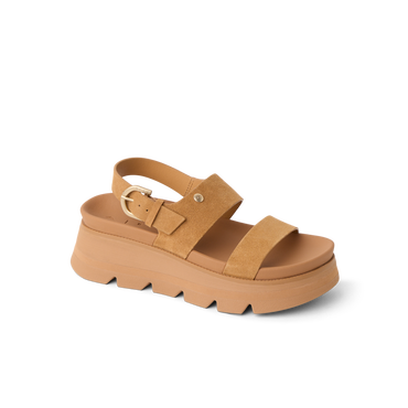 Vista Luxe Liah facing right, women's tan suede platform sandal with adjustable back strap and cushioned arch support for all-day comfort