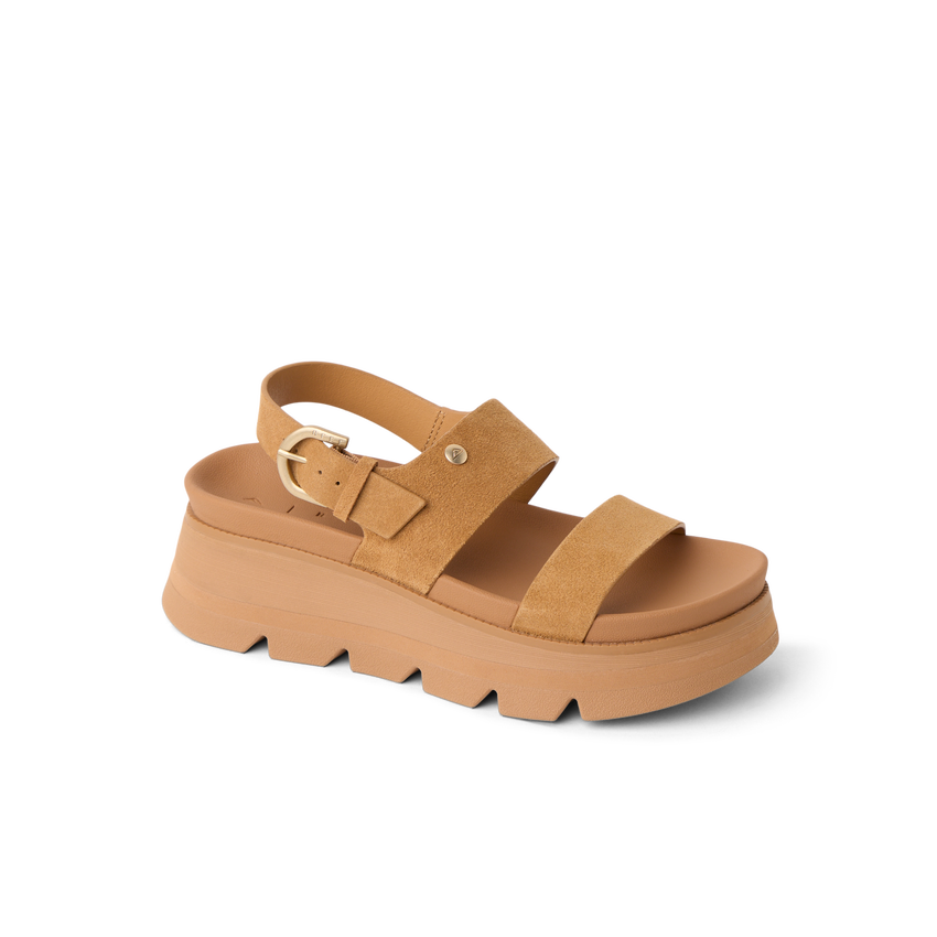 Vista Luxe Liah facing right, women's tan suede platform sandal with adjustable back strap and cushioned arch support for all-day comfort