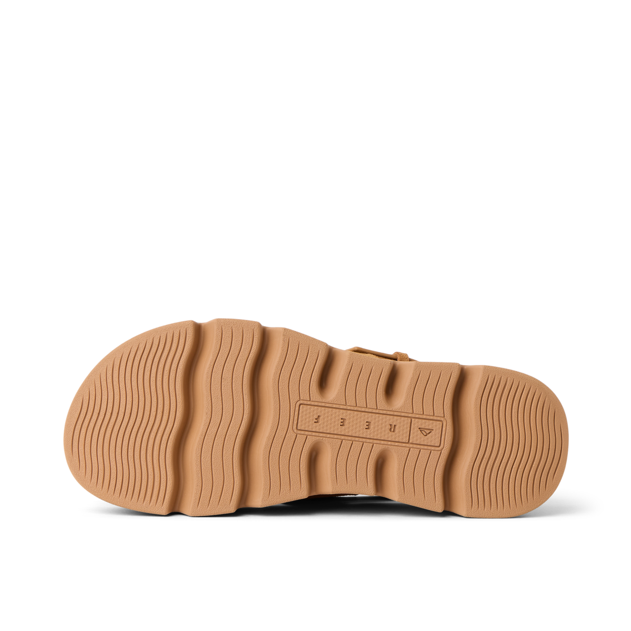 Vista Luxe Liah outsole facing up, tan rubber sole with wave-inspired tread for durable, beach-ready traction and comfort