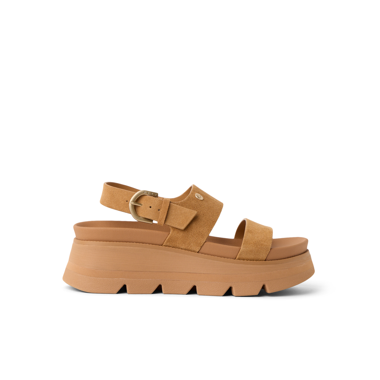 Vista Luxe Liah facing right, women's tan suede platform sandal with adjustable back strap and cushioned arch support