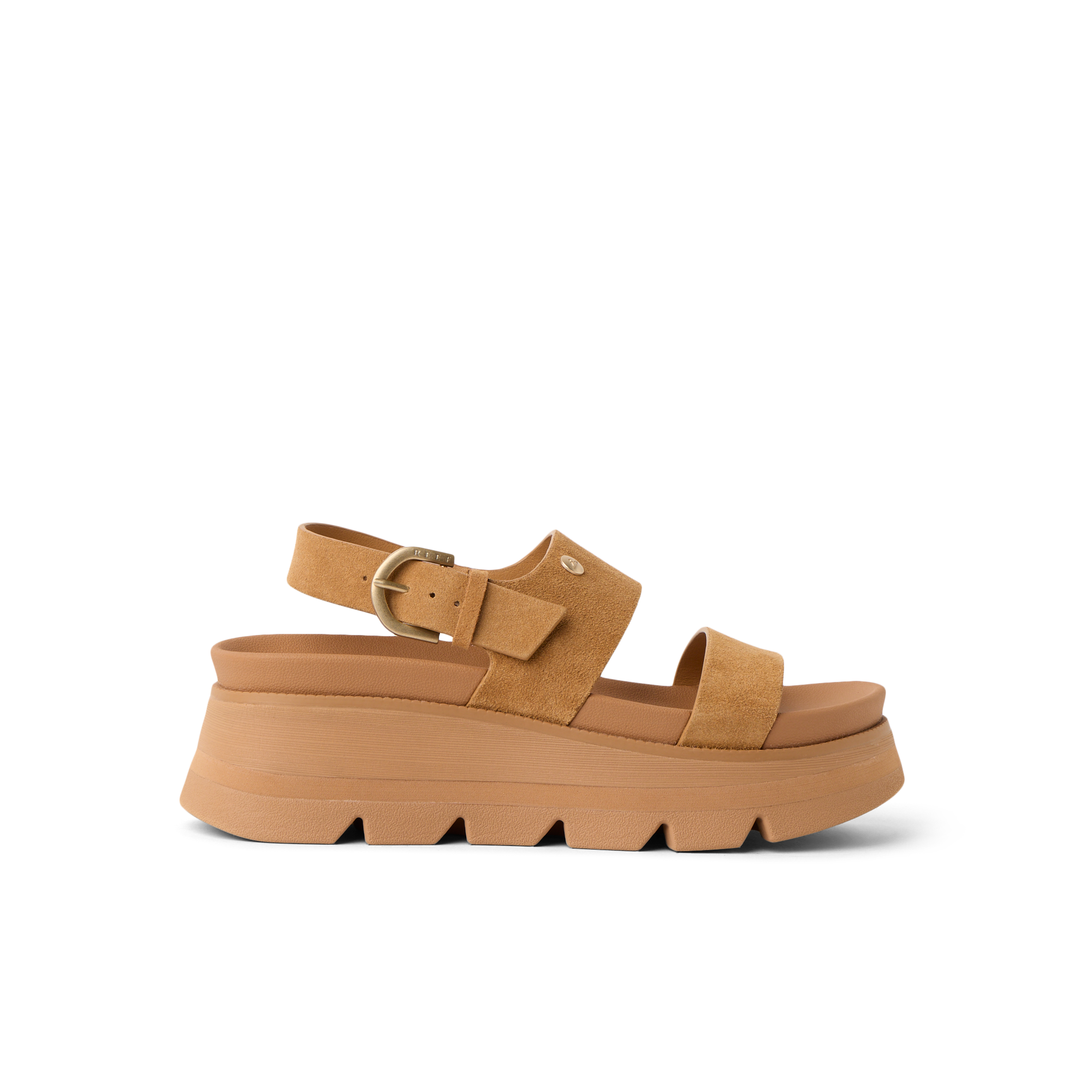 Vista Luxe Liah facing right, women's tan suede platform sandal with adjustable back strap and cushioned arch support
