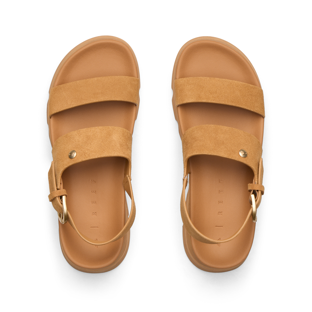 Vista Luxe Liah top view, women's tan suede platform sandals with adjustable back strap and cushioned arch support for comfort