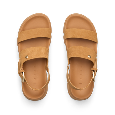 Vista Luxe Liah top view, women's tan suede platform sandals with adjustable back strap and cushioned arch support for comfort