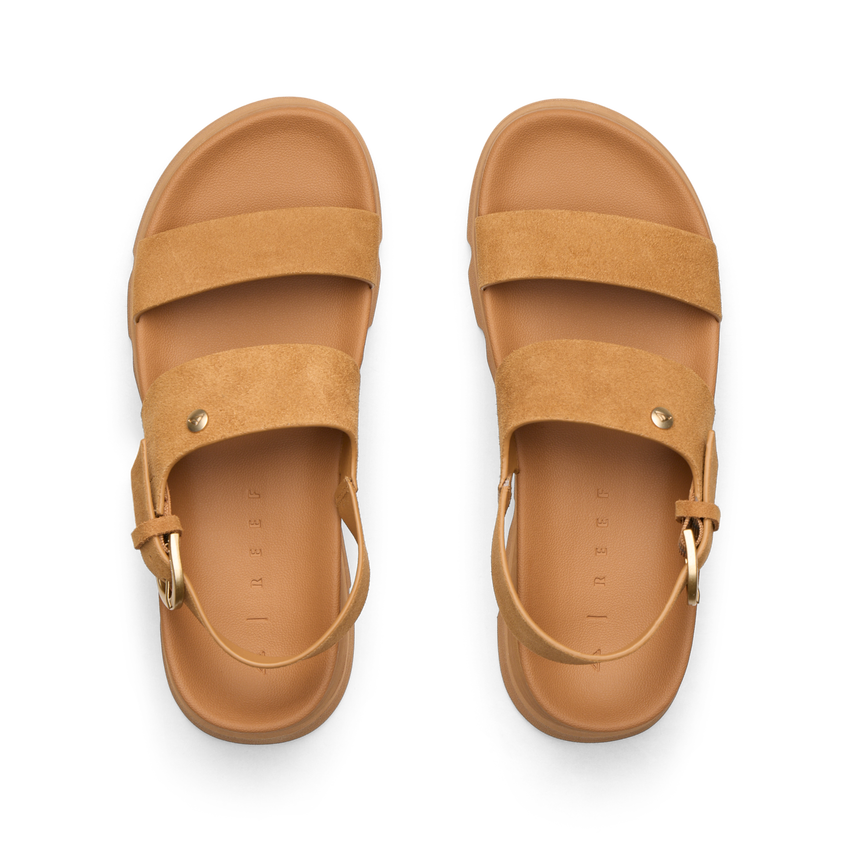 Vista Luxe Liah top view, women's tan suede platform sandals with adjustable back strap and cushioned arch support for comfort