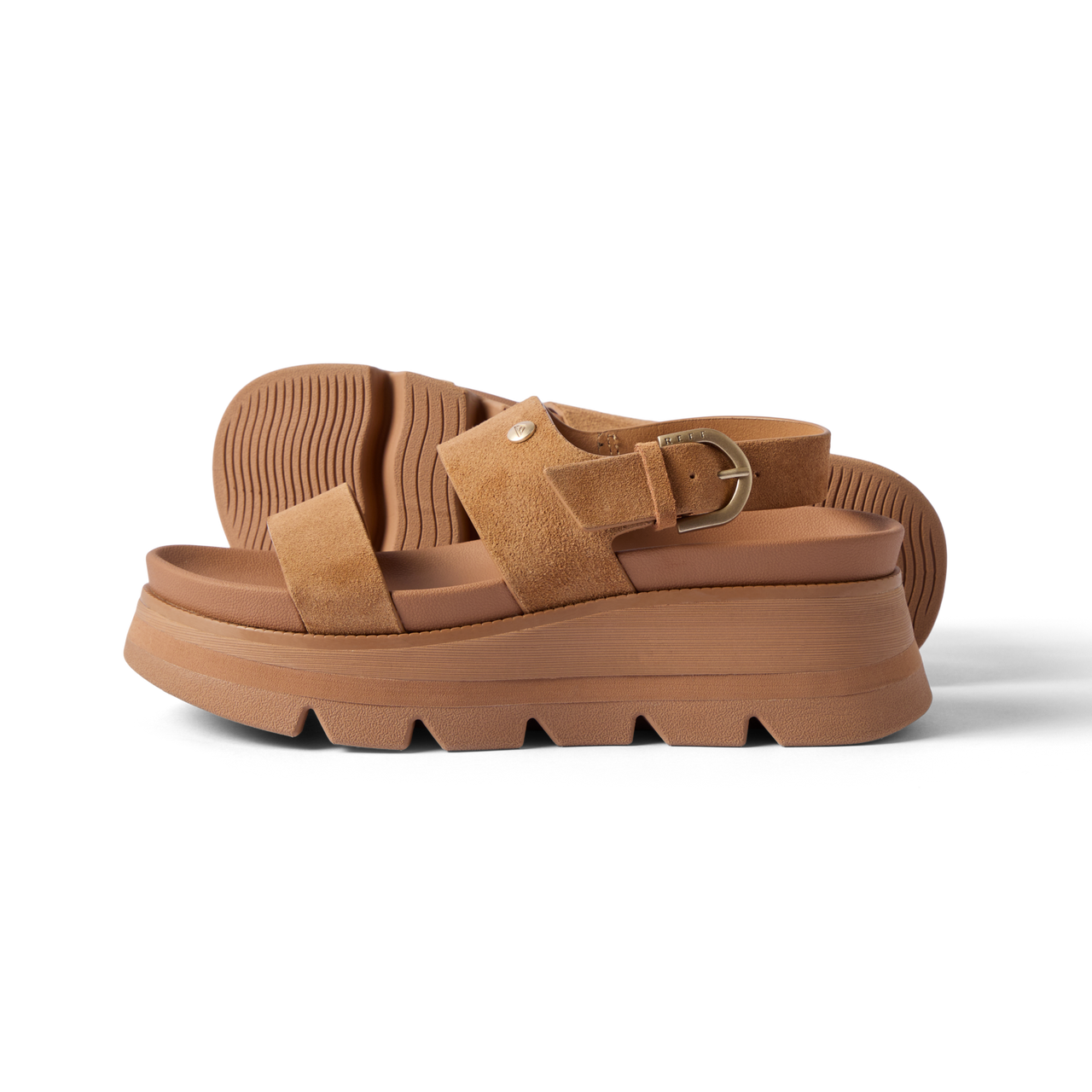 Vista Luxe Liah facing left, women's tan suede platform sandal with adjustable back strap and cushioned sole for all-day comfort.