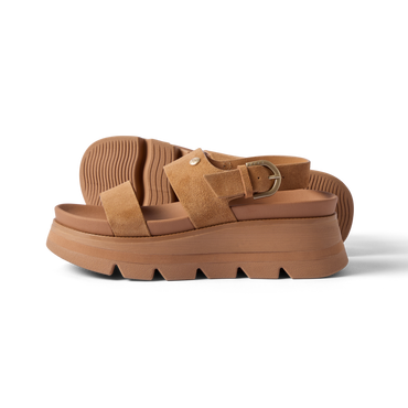 Vista Luxe Liah facing left, women's tan suede platform sandal with adjustable back strap and cushioned sole for all-day comfort.