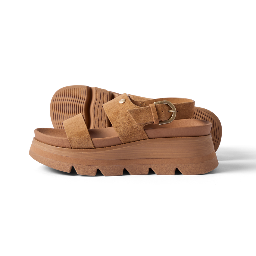 Vista Luxe Liah facing left, women's tan suede platform sandal with adjustable back strap and cushioned sole for all-day comfort.