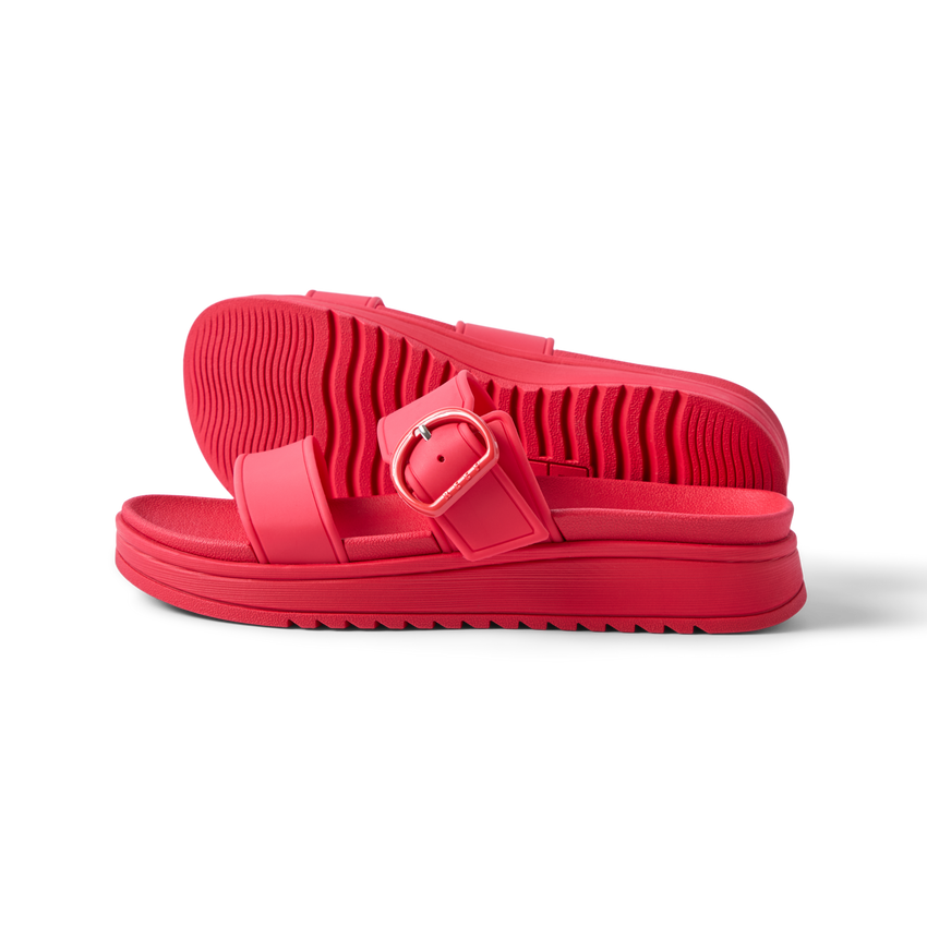 Vista Capri women's red platform sandals facing right, showing side profile and sole tread with arch support features.