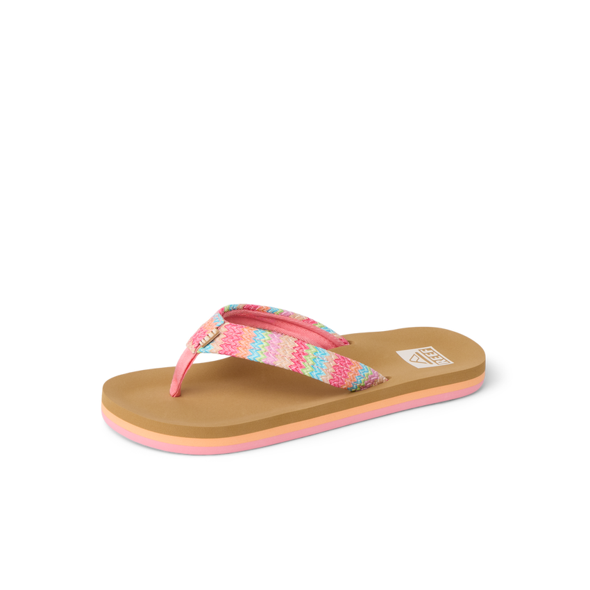 Kids Ahi pink sandal facing right, close-up of front to mid footbed with soft cushioning and arch support