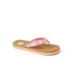 Kids Ahi sandal facing left, showing the front and side with pink, blue, and tan striped fabric straps and cushioned sole.