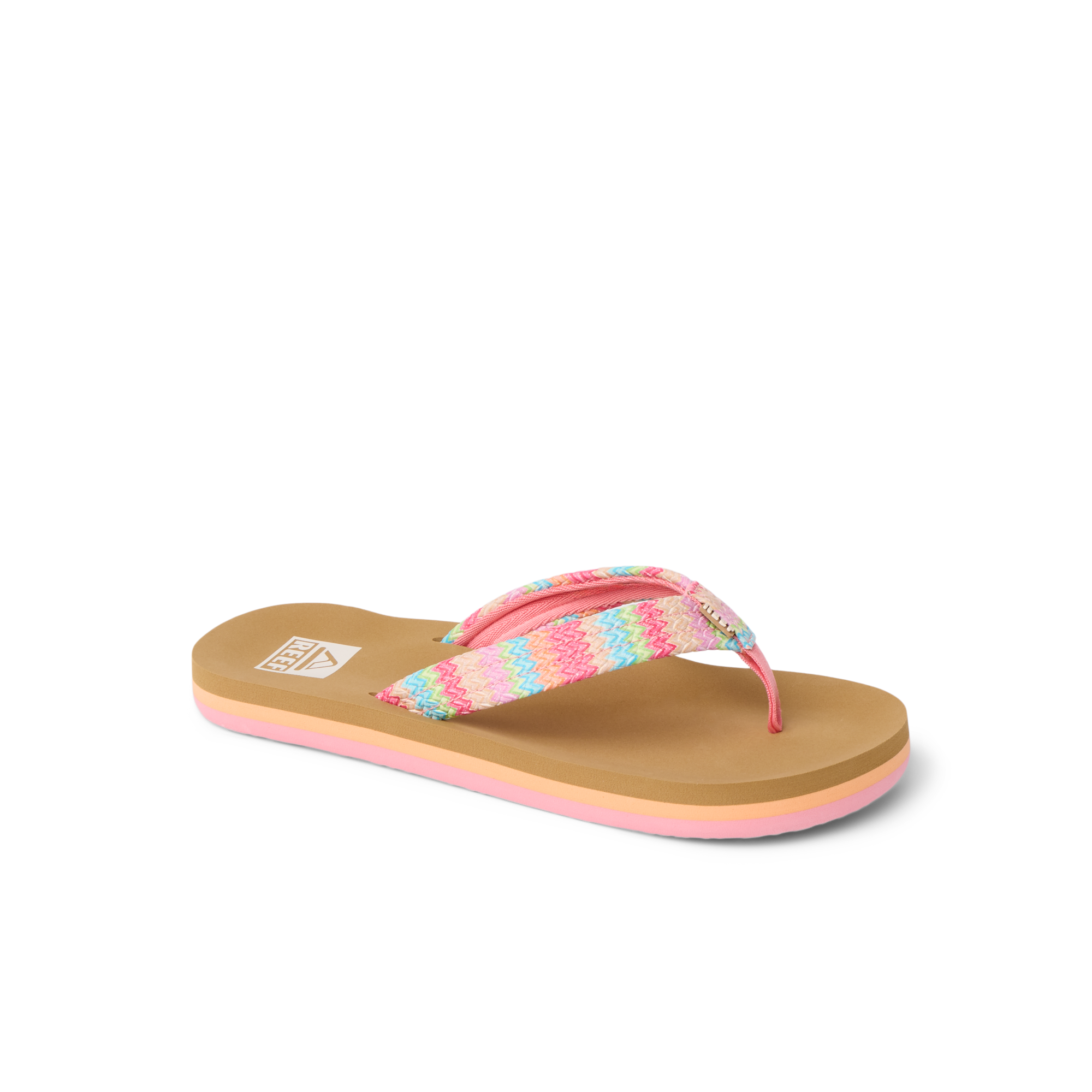 Kids Ahi sandal facing left, showing the front and side with pink, blue, and tan striped fabric straps and cushioned sole.