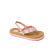 Little Ahi girls' sandal facing left, close-up of the water-friendly, cushioned footbed and pink patterned straps.