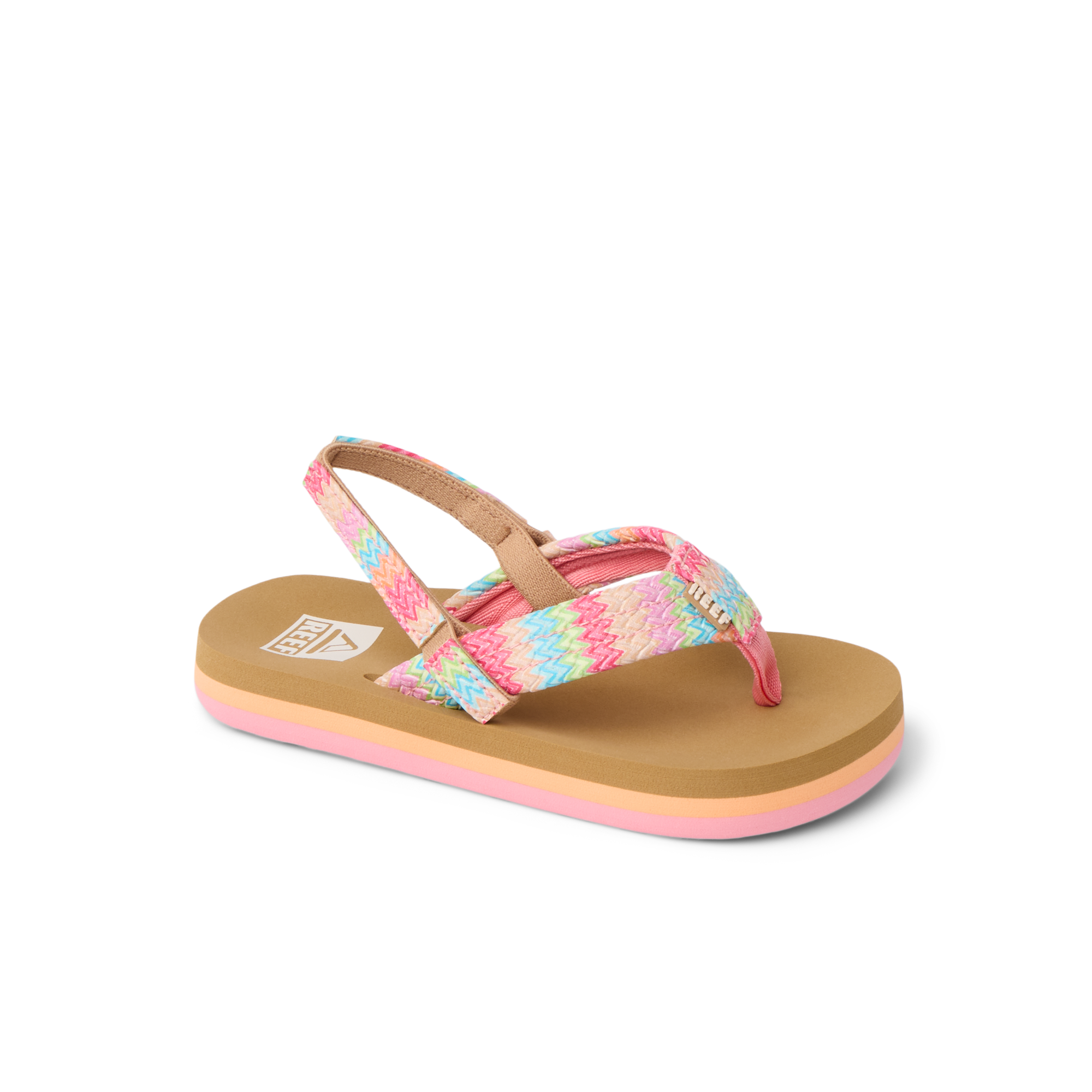 Little Ahi girls' sandal facing left, close-up of the water-friendly, cushioned footbed and pink patterned straps.