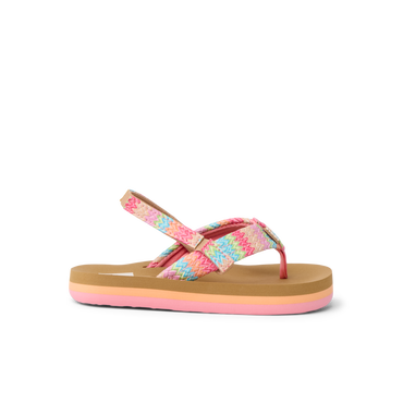 Little Ahi girls' sandal facing left, showing straps and sole with soft-rebound cushioning and arch support.